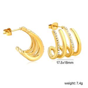 Boucles d'oreilles créoles en forme de C à quatre couches, plaquées or 18 carats, en acier inoxydable, avec zircon, tendance, pour femmes - Product Image 2