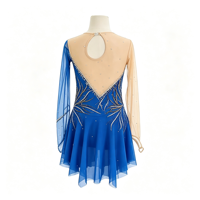 Robe de patinage artistique bleu vif avec strass, maille asymétrique, manches longues et jupe fluide pour enfants et adultes, compétition et performance