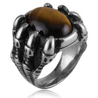 Bague en acier inoxydable vintage avec griffe de dragon et pierre œil de tigre