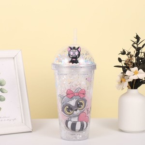 450ml Kawaii Unicorn Cat Print Double Wall <b>Plastic</b> Tumbler with <b>Straw</b> Dome Lid Pom Pom Beads & Pink Cat Figurine for Girls - Product Image 2