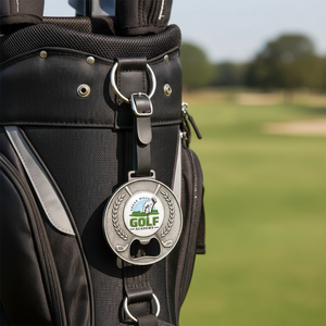 Étiquette <span class=keywords><strong>de</strong></span> sac <span class=keywords><strong>de</strong></span> golf en métal personnalisée OEM d'usine, avec sangle en cuir et porte-nom - Product Image 3