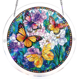 Attrape-soleil en verre teinté, motif papillon floral, en cristal artificiel, puzzle rond, décoration suspendue pour fenêtre, pour mariage, extérieur et usage domestique - Product Image 1