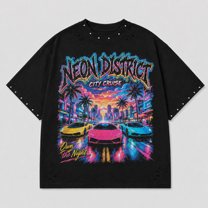 Camiseta Oversize de Algodón Grueso OEM con Estampado Gráfico Neon City, Camiseta Streetwear con Pedrería, Logotipo Personalizado, Camiseta de Hombre de Alta Calidad - Product Image 1