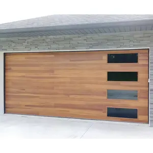 CBMmart现代组合隔热板防锈铝木纹自动钢车库门，带4扇窗户