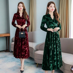 Donne vintage con scollo a v manica lunga inverno <span class=keywords><strong>midi</strong></span> casuale abito di <span class=keywords><strong>velluto</strong></span> della signora - Product Image 6