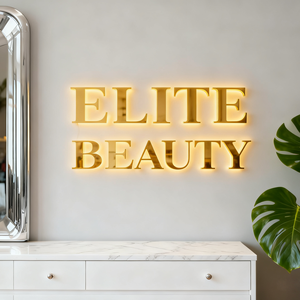 لافتة معدنية مخصصة ثلاثية الأبعاد مضادة للماء من الفولاذ المقاوم للصدأ بتصميم مرآة ذهبية مضاءة من الخلف لاسم العلامة التجارية للمتجر - Product Image 5