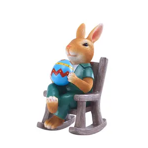 6.1inch Rabbit with Easter Egg Rocking Chair Statue Resin Rabbit Sculpture Decoration Bunny Rocking Chair Figurine Easter Gift