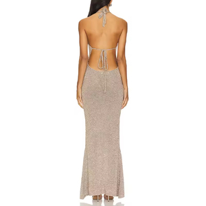 Knitwear Manufacturer Oem Odm 2025 Long Knitting Hollowout <strong>Dresses</strong> Summer Vacation Open Back Metallic Halterneck Sweater <strong>Dress</strong> - Product Image 3