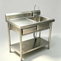 RVS spoelbak met werkblad voor hotelcatering, inclusief voorraadlade, achterwand en onderste plank