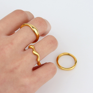Minimalist Gold <strong>Thick</strong> Wave Shape <strong>Ring</strong> Stainless Steel Waterproof 18K Gold Plated Unique Design Dainty Wave Band Stacking <strong>Ring</strong> - Product Image 2