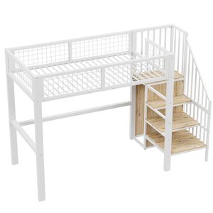 <span class=keywords><strong>Lit</strong></span> <span class=keywords><strong>mezzanine</strong></span> moderne en métal 90x200cm <span class=keywords><strong>avec</strong></span> armoire de <span class=keywords><strong>rangement</strong></span> <span class=keywords><strong>et</strong></span> escalier 1 place blanc (sans matelas) pour salon - Product Image 3