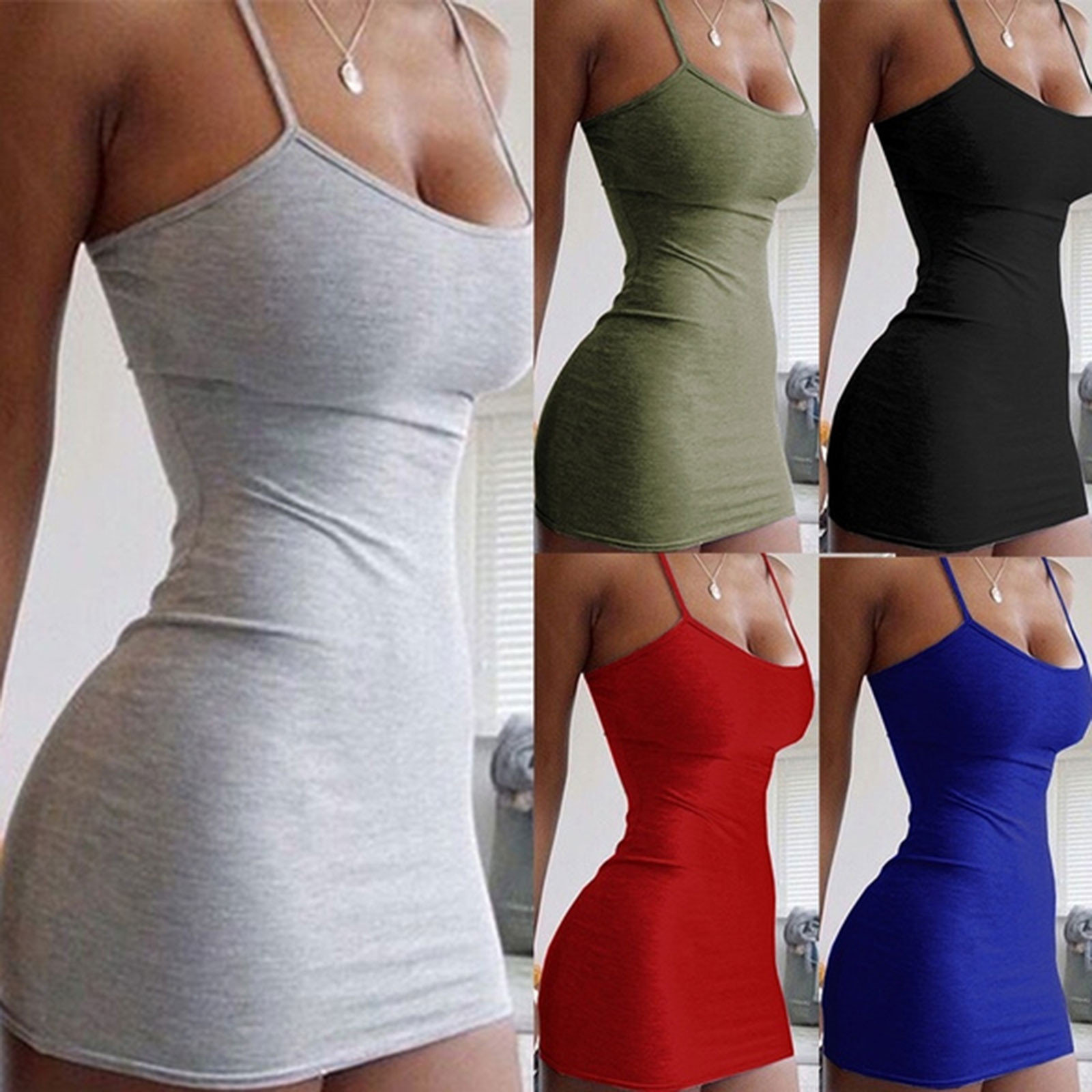 Vestido corto femenino de verano sin mangas color liso, traje Sexy con tirantes finos para mujer, cintura alta, 2021