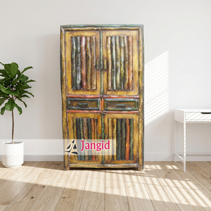 Armoire vintage en bois massif de style rustique avec des lignes verticales, en lin, fabriquée à la main, à bas prix, 4 portes et 2 tiroirs, meubles indiens pour la maison - Product Image 1