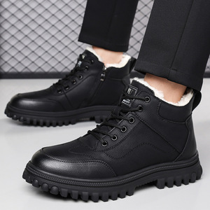 Bottes d'hiver pour hommes, hauteur cheville, bout rond, en cuir croûte, doublure en peluche, semelle extérieure en caoutchouc antidérapante, chaudes, pour l'extérieur - Product Image 2
