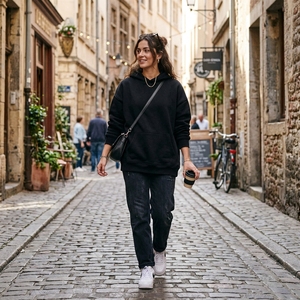 Sweat-shirt à capuche noir surdimensionné pour femme, broderie écologique, avec poches, manches longues, en polaire, couleur unie, pour le printemps et l'hiver - Product Image 4