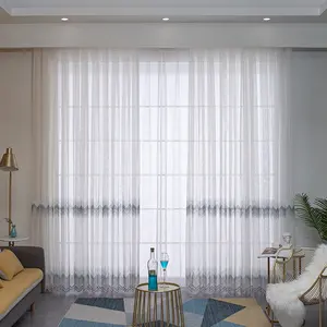 White and blue simple embroidery wave design transparent yarn living room sheer curtain for the bedroom glass window curtain