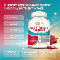 Capsules de racine de betterave à marque privée OEM, 200 unités, 1200 mg avec vitamines A, C et fer, complément alimentaire