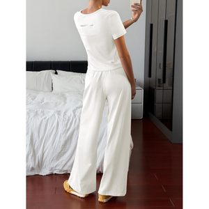 Fisoew Women 2 Piece Lounge <b>Set</b> Short Sleeve Crop Top Wide Leg <b>Sweatpants</b> Casual Summer Outfits Breathable Knitted Tracksuit - Product Image 2