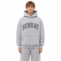 Sweat à capuche Premium 360 GSM gris clair délavé à l'acide pour homme, coupe ample en coton épais, style streetwear vintage, avec impression en relief