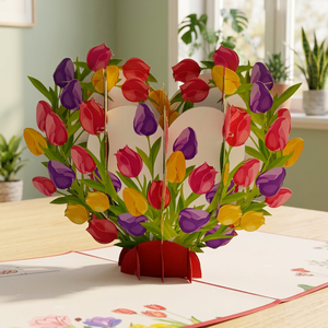 Biglietto d'Auguri 3D Pop-Up a Forma di Cuore con Tulipani Fatti a Mano, Tendenza del Momento, Regalo in Carta Artigianale Vietnam Hanoi, Stile Anime Personalizzato per la Festa della Mamma e San Valentino - Product Image 1