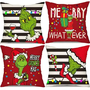 Funda de almohada de lino Grinch más Popular de 2023, sofá de vacaciones, cojín de oficina, funda de almohada, monstruo de pelo verde, funda de almohada de Navidad