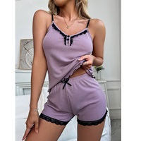 Ensemble de pyjama décontracté pour femmes, sexy, avec nœud en forme de cœur, en tricot respirant, séchage rapide, printemps/été, vêtements de nuit pour femmes