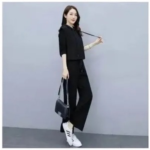 Women's Three Piece Suit Set Hooded Sleeveless Top Wide Leg Pants Casual Wear Black Coffee Color Polyester Knitted - Product Image 3