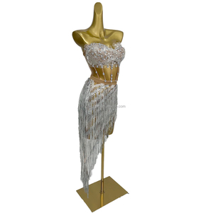 Corsetto di cristallo Sexy reggiseno gonna con nappe 2 pezzi completo da donna Showgirl Rave Performance di scena Costume da ballerina cantante DJ Gogo - Product Image 4