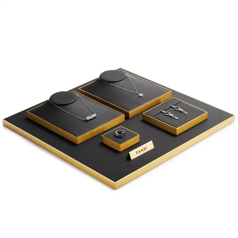 FANXI新着ファッションメタルゴールドジュエリープレートブラックPUレザーリングイヤリングネックレスディスプレイスタンドジュエリーディスプレイセット