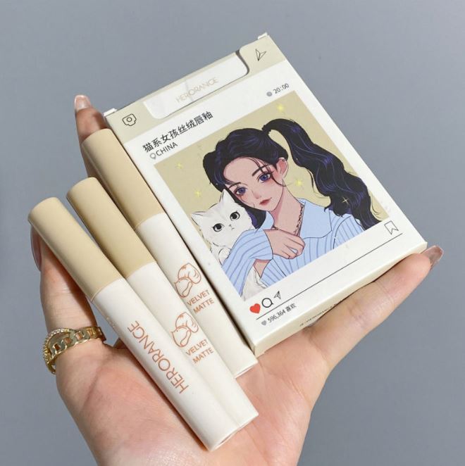 Лидер продаж, набор для упаковки сигарет HERORANGE в виде кошки для девочки, Стойкий матовый блеск для губ, помада жидкого цвета, набор для макияжа губ