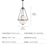 Lampe suspendue vintage, décoration de hall d'entrée style ferme, suspension en chaîne métallique laiton antique, globe en verre opale, lanterne industrielle LED