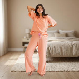 Women's Coral Fluid Knit Short Sleeve Neck Pajamas Set Casual Cute Nightgowns Elastic Waist Soft Breathable Striped Print - Product Image 2