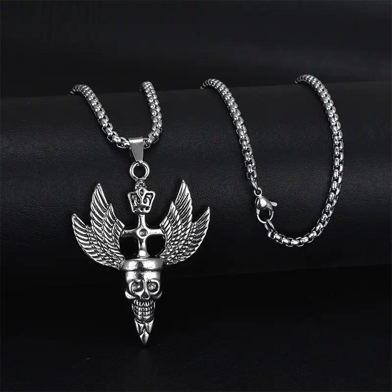Gothic Skull Cross Pendant Necklace Punk Wing Skeleton Head Necklaces For Men Fashion Chain Jewelry Gift Necklace