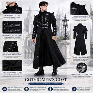 Costumes de cosplay d'anime médiéval pour adultes, veste longue noire vintage pour hommes, gothique, steampunk, punk, trench-coat, chevalier noble, film TV - Product Image 2