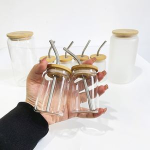 3.5Oz Mini Clear Frosted Glass Can Bamboo Lids With Stainless Steel <b>Straws</b> - Product Image 1