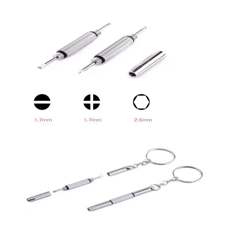 Kit di strumenti per la riparazione dell'orologio con cacciavite per occhiali in acciaio 3 in 1 portatile con portachiavi