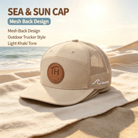Gorra Trucker Ajustable Unisex Ligera para Playa y Surf, con Parche de Cuero, Bordado de Ondas, Malla Trasera, Color Caqui, 7 Paneles y Visera Plana