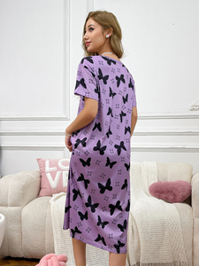 Pabrik langsung wanita kasual satu potong piyama kupu-kupu cetak T-Shirt gaya baju gaun longgar pendek rajut musim gugur musim semi - Product Image 3