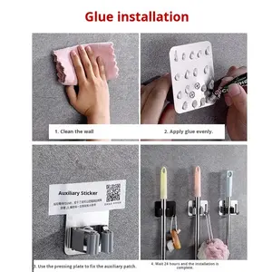 Support mural en acier inoxydable pour <span class=keywords><strong>balai</strong></span>, adhésif puissant, sans perçage, clip pour <span class=keywords><strong>balai</strong></span>, salle de bain, toilettes, outil en métal, salon - Product Image 5