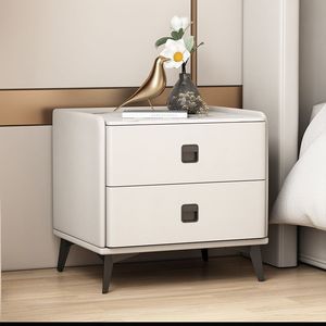 Mesita de Noche Moderna Minimalista con Tapa de Mármol, 2 Cajones de Almacenamiento, Mueble de Dormitorio, Estilo Nórdico de Lujo Ligero, Madera Maciza y Cuero - Product Image 5