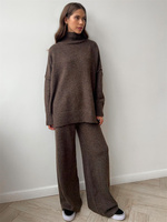 Ensemble pull col roulé fendu et pantalon tricoté décontracté en mélange laine et cachemire pour femme, collection 2026