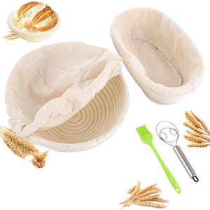 Quality 2PCS 23cm/25cm Oval <b>Bread</b> Proofing <b>Basket</b> Set with Liners Dough Scraper Basting Brush & Dough Whisk - Product Image 1