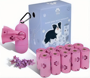 Sacs à déjections pour animaux de compagnie biodégradables parfumés à la lavande en rouleaux avec distributeur portable, résistants aux fuites et aux déchirures, couleur violette pour chien - Product Image 1