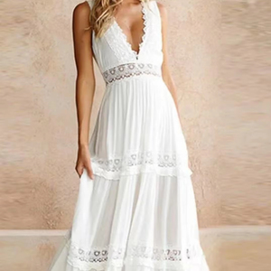 Robe longue décontractée d'été en satin pour femme, respirante, col en V, sans manches, avec empiècements en <span class=keywords><strong>dentelle</strong></span>, logo brodé sur le devant, taille naturelle, couleur unie - Product Image 1