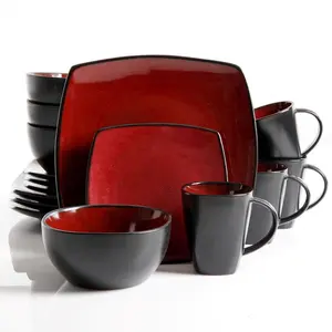 hot selling 16 pcs handmade matte red blue black color square reactive glazed stoneware dinnerware set