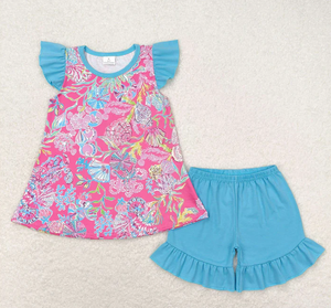 Ensemble de vêtements pour filles en gros, motif floral tropical flamant rose, manches volantées, tenue 2 pièces - Product Image 3