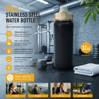 Bouteille d'eau isotherme à double paroi en acier inoxydable réutilisable, écologique, anti-fuite, 1000 ml (32 oz), avec logo personnalisé en couleur.