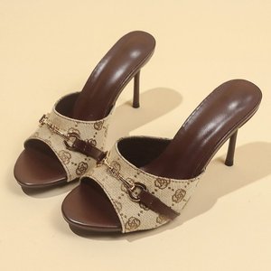 2026 New Premium Beige Brown Monogram Print Heeled Mules Horsebit Detail <b>Open</b> Toe Sandals - Product Image 1