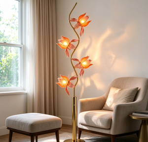 Lámpara de Pie Designer 4 Bloom Lotus, Rosa, Hierro y Vidrio, Curva Orgánica, Poste de Metal, Luz Ambiental LED para Decoración de Hogar de Alta Gama - Product Image 1