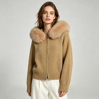 Gros Manteau Tricoté en Mélange de Laine Doux Personnalisé, à Capuche, Col en Vraie Fourrure de Renard, Luxueux et Chaud pour l'Automne, Cardigan Courte Vintage pour Femme